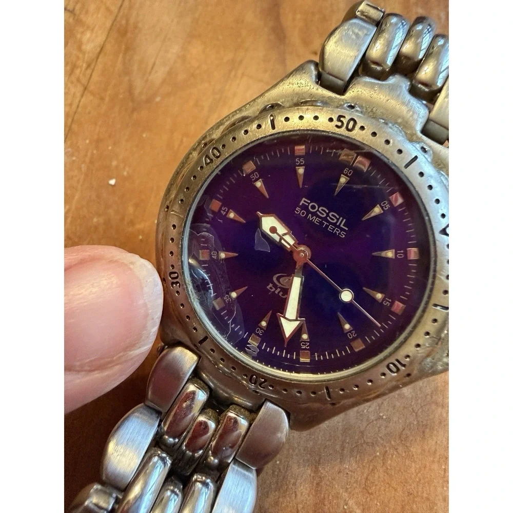 Fossil Blue AM-3067 Diver Watch Blue Dial Stainless Steel Bracelet 50m‎ New Batt